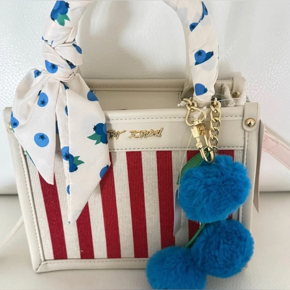 BETSEY JOHNSON XO LUCY RED/WHITE/BLUEBERRY CHARM TOP HANDLE CROSSBODY BAG NWT